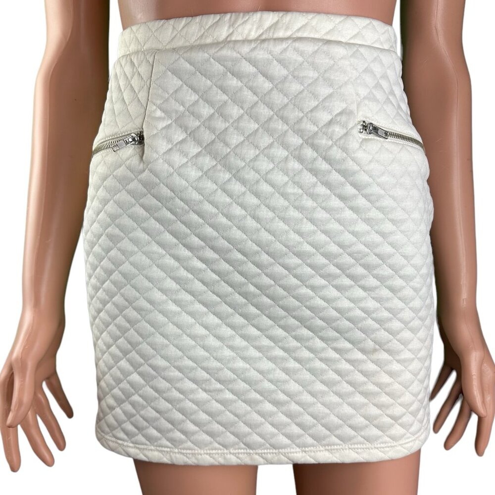 Potters Pot Mini Skirt Size M White Silver Zippers Quilted Elastic Waist Bodycon - Picture 1 of 8
